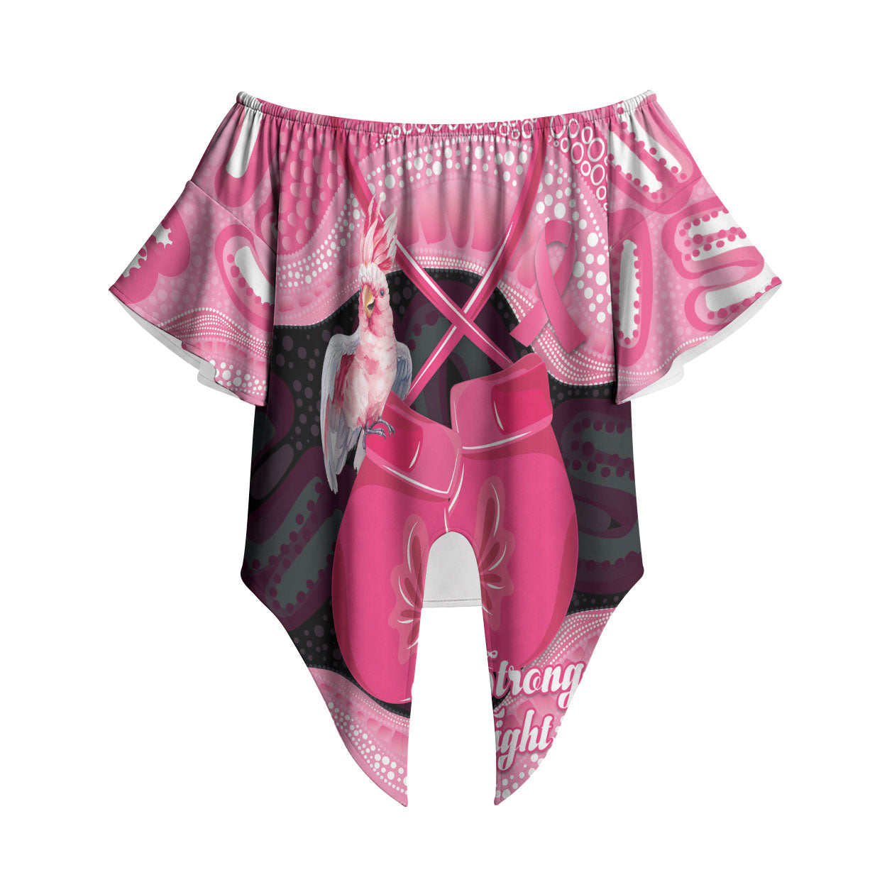 Personalised Australia Breast Cancer Awareness Off Shoulder Wrap Waist Top Pink Cockatoo Fight Boxing Gloves Aboriginal Art