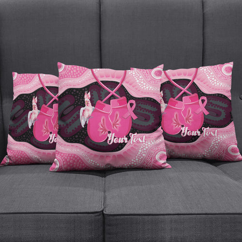 Personalised Australia Breast Cancer Awareness Pillow Cover Pink Cockatoo Fight Boxing Gloves Aboriginal Art