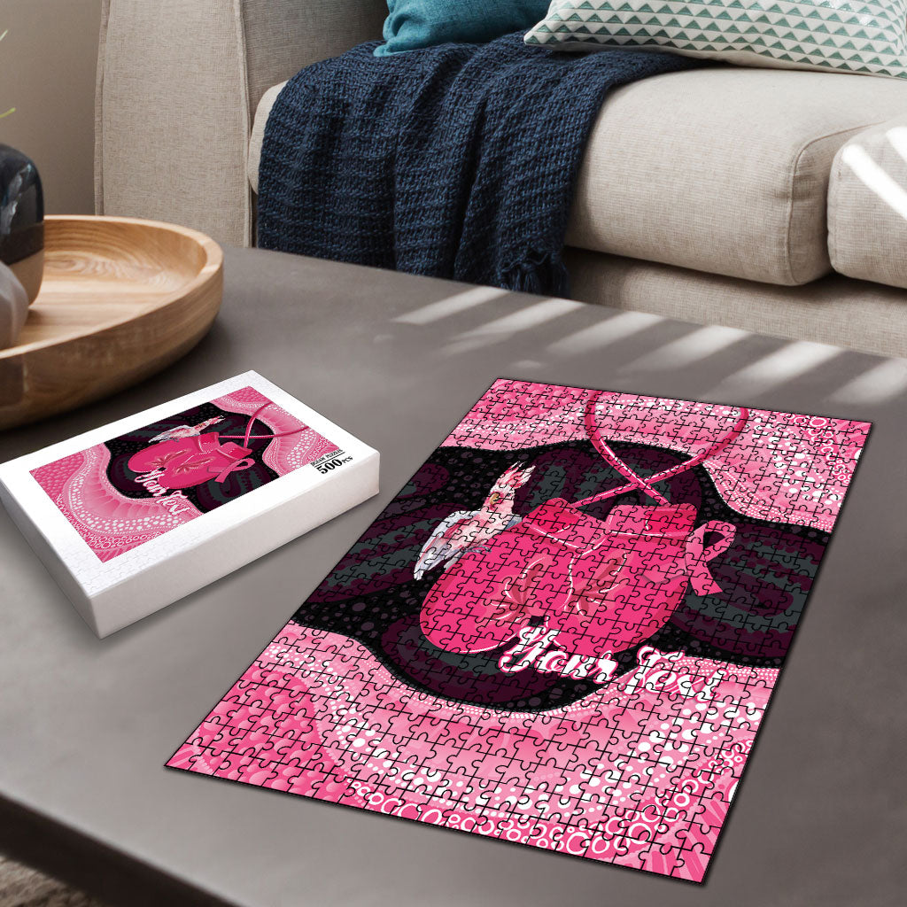 Personalised Australia Breast Cancer Awareness Puzzle Pink Cockatoo Fight Boxing Gloves Aboriginal Art