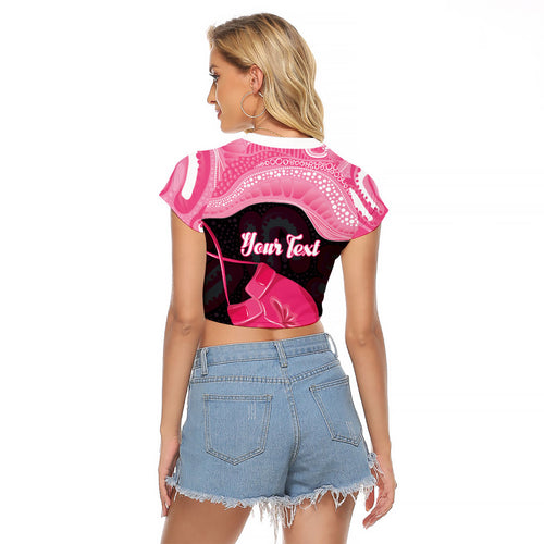 Personalised Australia Breast Cancer Awareness Raglan Cropped T Shirt Pink Cockatoo Fight Boxing Gloves Aboriginal Art