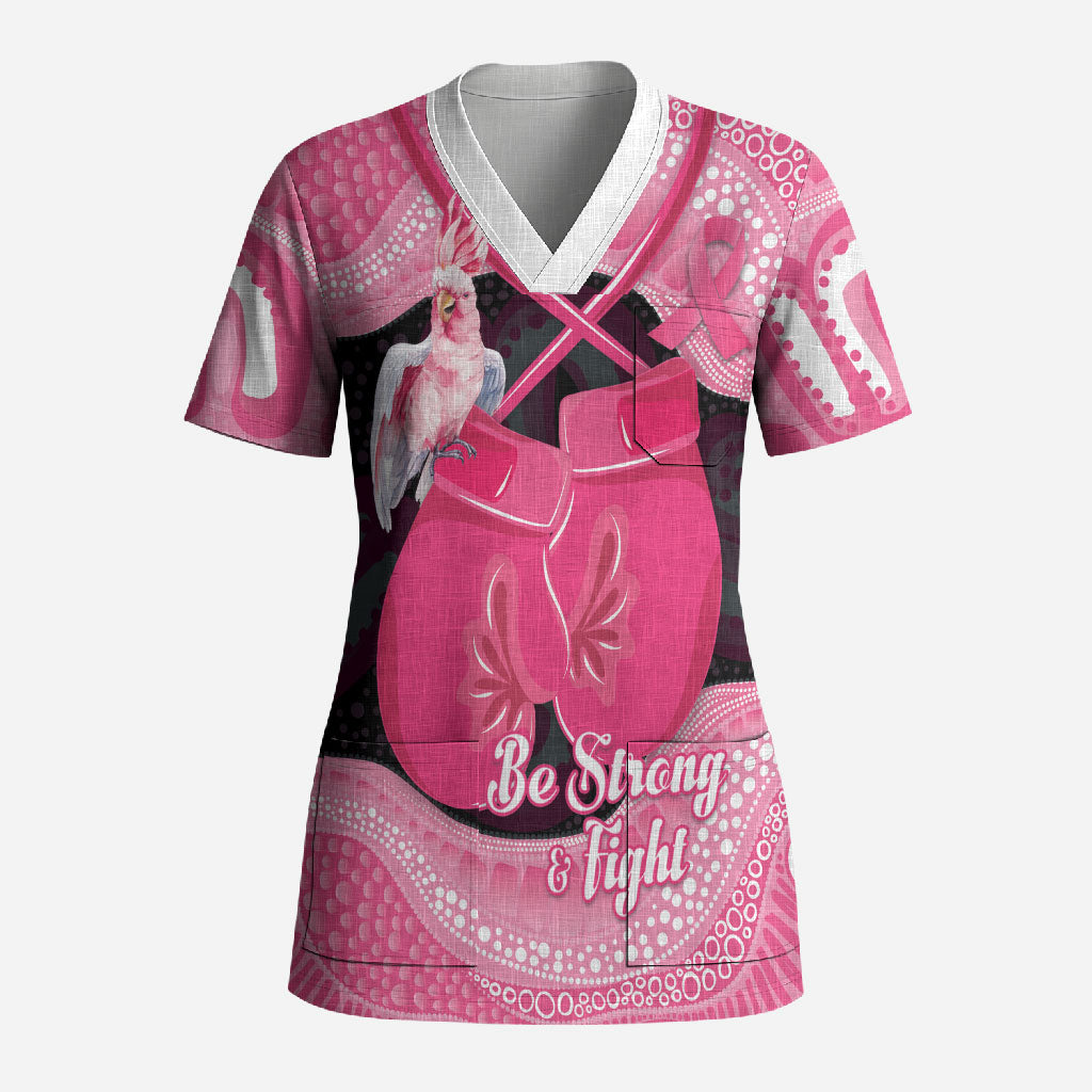 Personalised Australia Breast Cancer Awareness Scrub Top Pink Cockatoo Fight Boxing Gloves Aboriginal Art