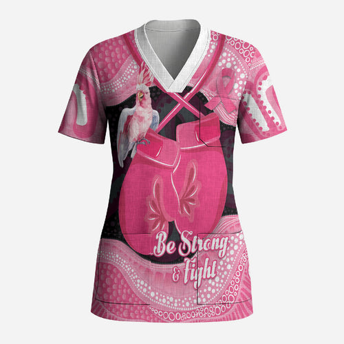 Personalised Australia Breast Cancer Awareness Scrub Top Pink Cockatoo Fight Boxing Gloves Aboriginal Art