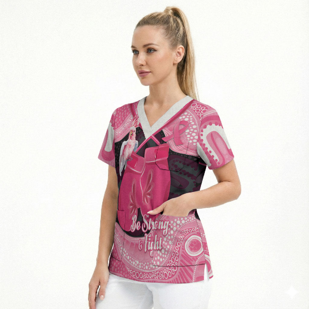 Personalised Australia Breast Cancer Awareness Scrub Top Pink Cockatoo Fight Boxing Gloves Aboriginal Art