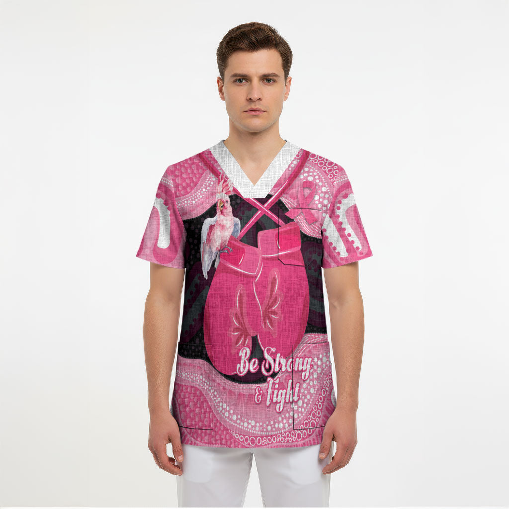Personalised Australia Breast Cancer Awareness Scrub Top Pink Cockatoo Fight Boxing Gloves Aboriginal Art