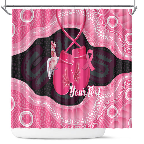 Personalised Australia Breast Cancer Awareness Shower Curtain Pink Cockatoo Fight Boxing Gloves Aboriginal Art