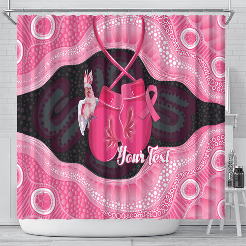 Personalised Australia Breast Cancer Awareness Shower Curtain Pink Cockatoo Fight Boxing Gloves Aboriginal Art