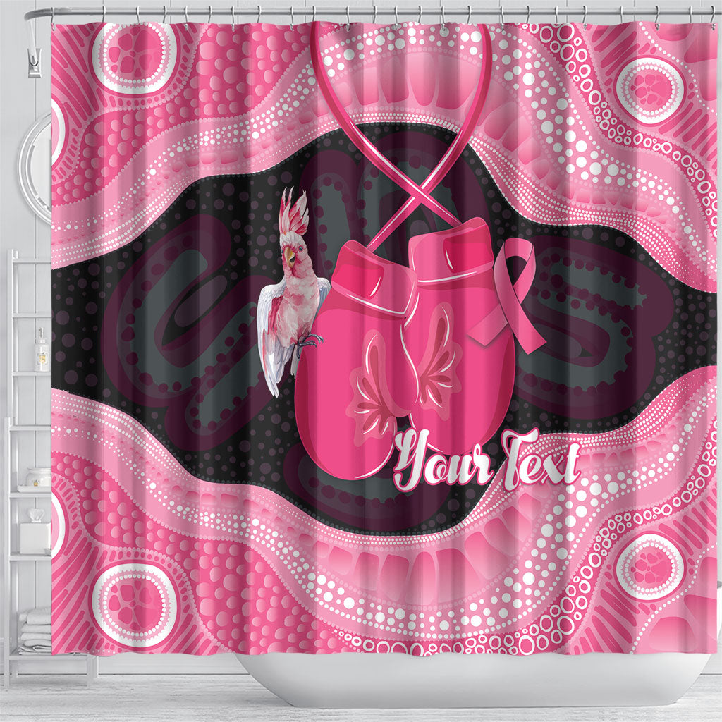 Personalised Australia Breast Cancer Awareness Shower Curtain Pink Cockatoo Fight Boxing Gloves Aboriginal Art