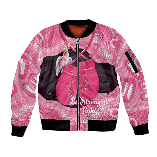 Personalised Australia Breast Cancer Awareness Sleeve Zip Bomber Jacket Pink Cockatoo Fight Boxing Gloves Aboriginal Art