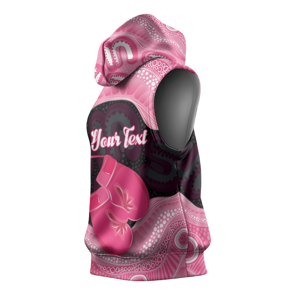 Personalised Australia Breast Cancer Awareness Sleeveless Hoodie Pink Cockatoo Fight Boxing Gloves Aboriginal Art
