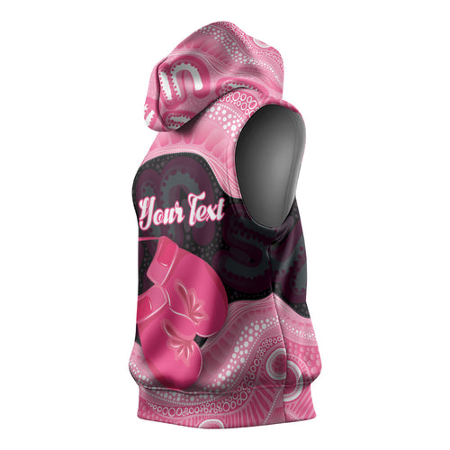 Personalised Australia Breast Cancer Awareness Sleeveless Hoodie Pink Cockatoo Fight Boxing Gloves Aboriginal Art