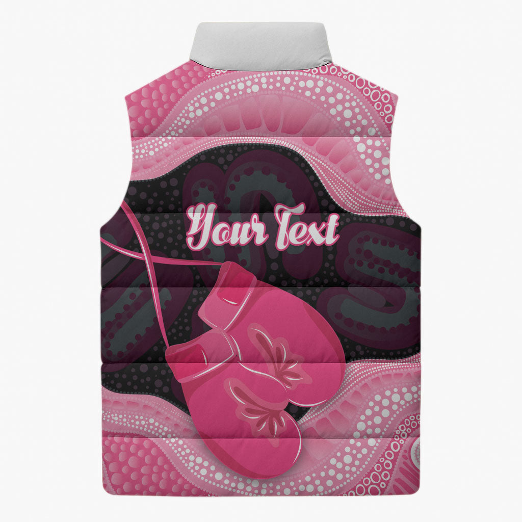 Personalised Australia Breast Cancer Awareness Sleeveless Puffer Jacket Pink Cockatoo Fight Boxing Gloves Aboriginal Art