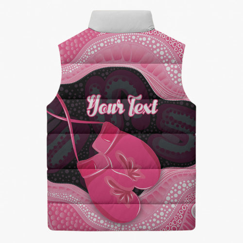 Personalised Australia Breast Cancer Awareness Sleeveless Puffer Jacket Pink Cockatoo Fight Boxing Gloves Aboriginal Art
