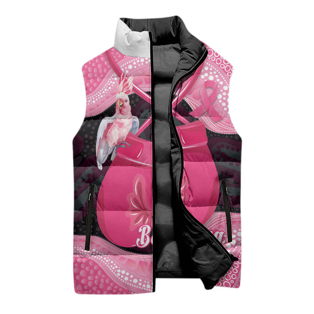 Personalised Australia Breast Cancer Awareness Sleeveless Puffer Jacket Pink Cockatoo Fight Boxing Gloves Aboriginal Art
