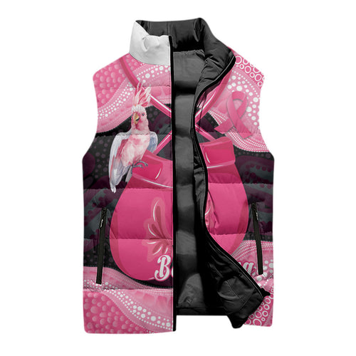 Personalised Australia Breast Cancer Awareness Sleeveless Puffer Jacket Pink Cockatoo Fight Boxing Gloves Aboriginal Art