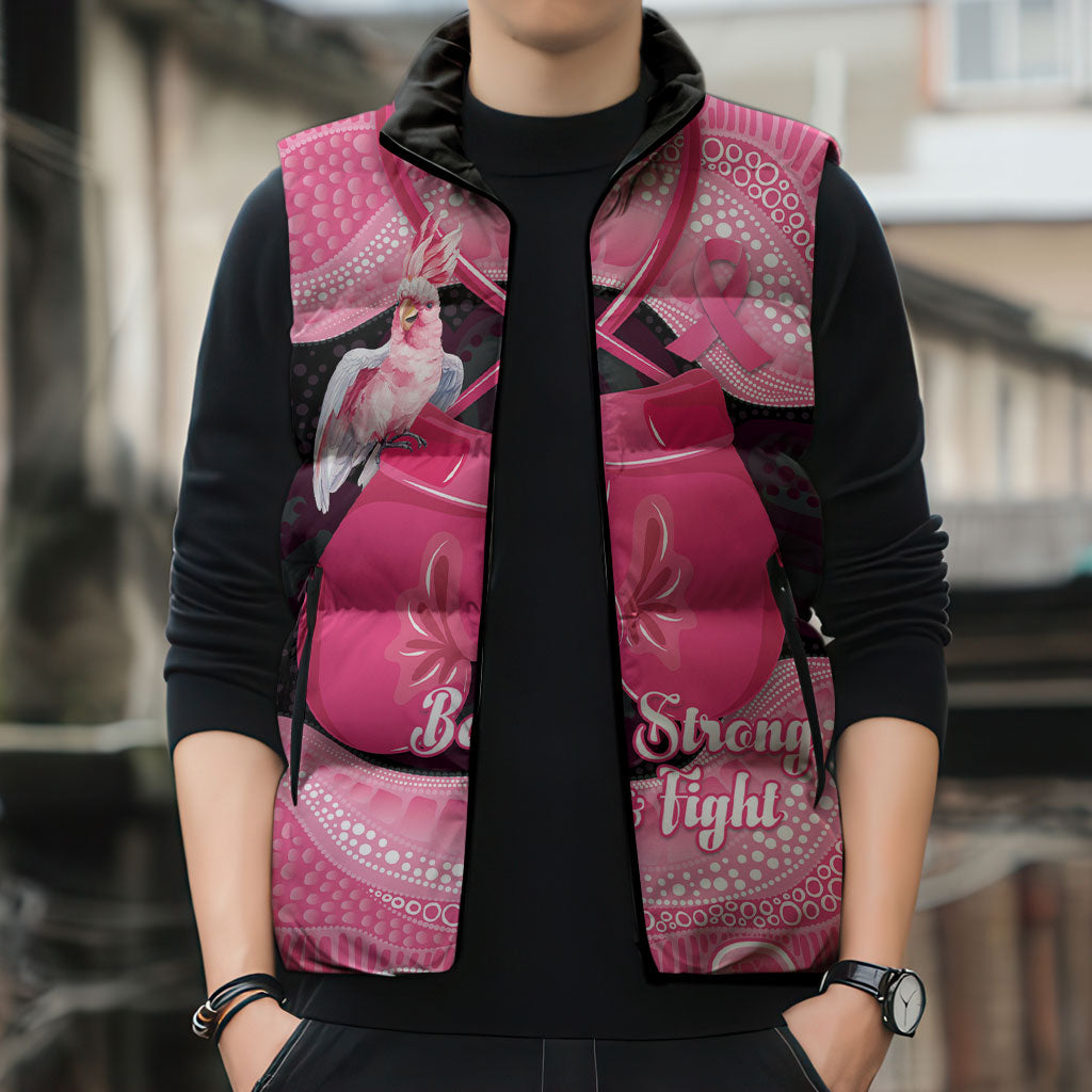 Personalised Australia Breast Cancer Awareness Sleeveless Puffer Jacket Pink Cockatoo Fight Boxing Gloves Aboriginal Art