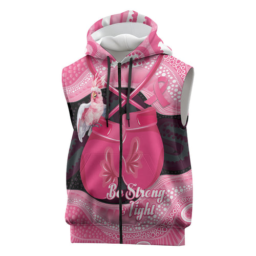Personalised Australia Breast Cancer Awareness Sleeveless Zip Hoodie Pink Cockatoo Fight Boxing Gloves Aboriginal Art