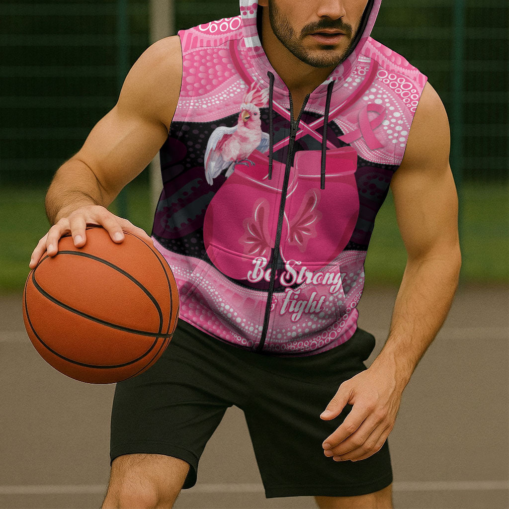 Personalised Australia Breast Cancer Awareness Sleeveless Zip Hoodie Pink Cockatoo Fight Boxing Gloves Aboriginal Art