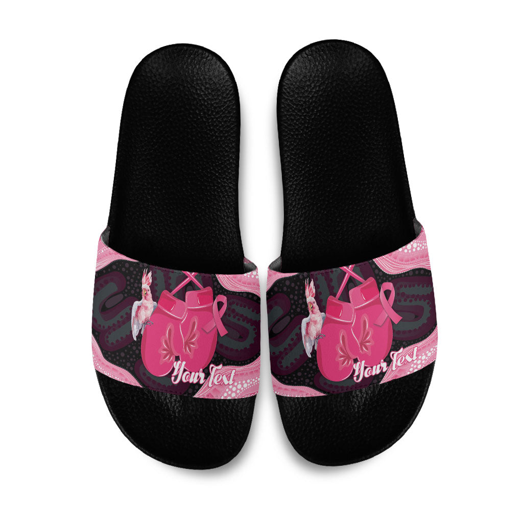 Personalised Australia Breast Cancer Awareness Slide Sandals Pink Cockatoo Fight Boxing Gloves Aboriginal Art