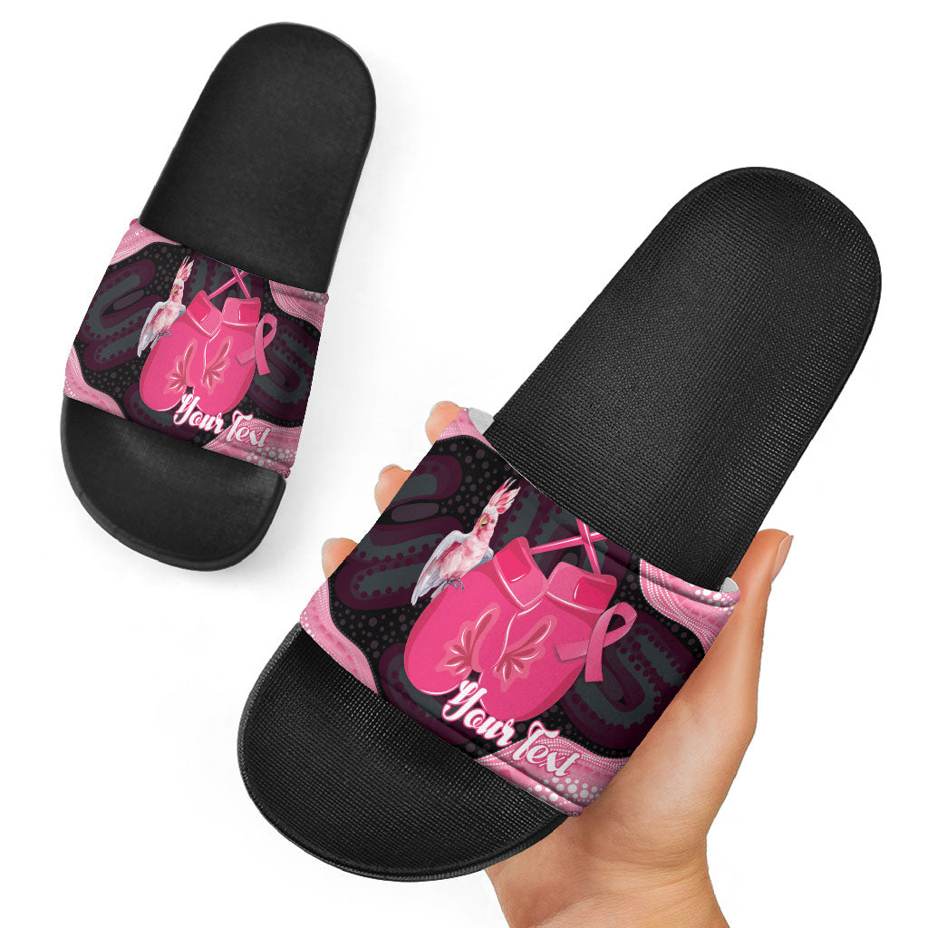 Personalised Australia Breast Cancer Awareness Slide Sandals Pink Cockatoo Fight Boxing Gloves Aboriginal Art