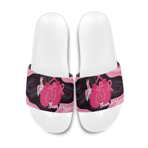 Personalised Australia Breast Cancer Awareness Slide Sandals Pink Cockatoo Fight Boxing Gloves Aboriginal Art