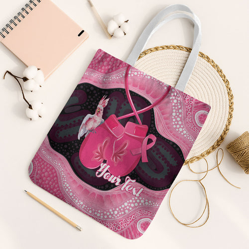 Personalised Australia Breast Cancer Awareness Tote Bag Pink Cockatoo Fight Boxing Gloves Aboriginal Art