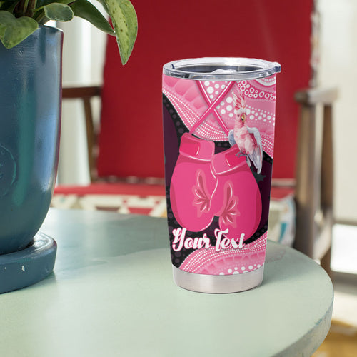 Personalised Australia Breast Cancer Awareness Tumbler Cup Pink Cockatoo Fight Boxing Gloves Aboriginal Art