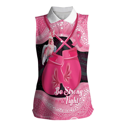 Personalised Australia Breast Cancer Awareness Women Sleeveless Polo Shirt Pink Cockatoo Fight Boxing Gloves Aboriginal Art