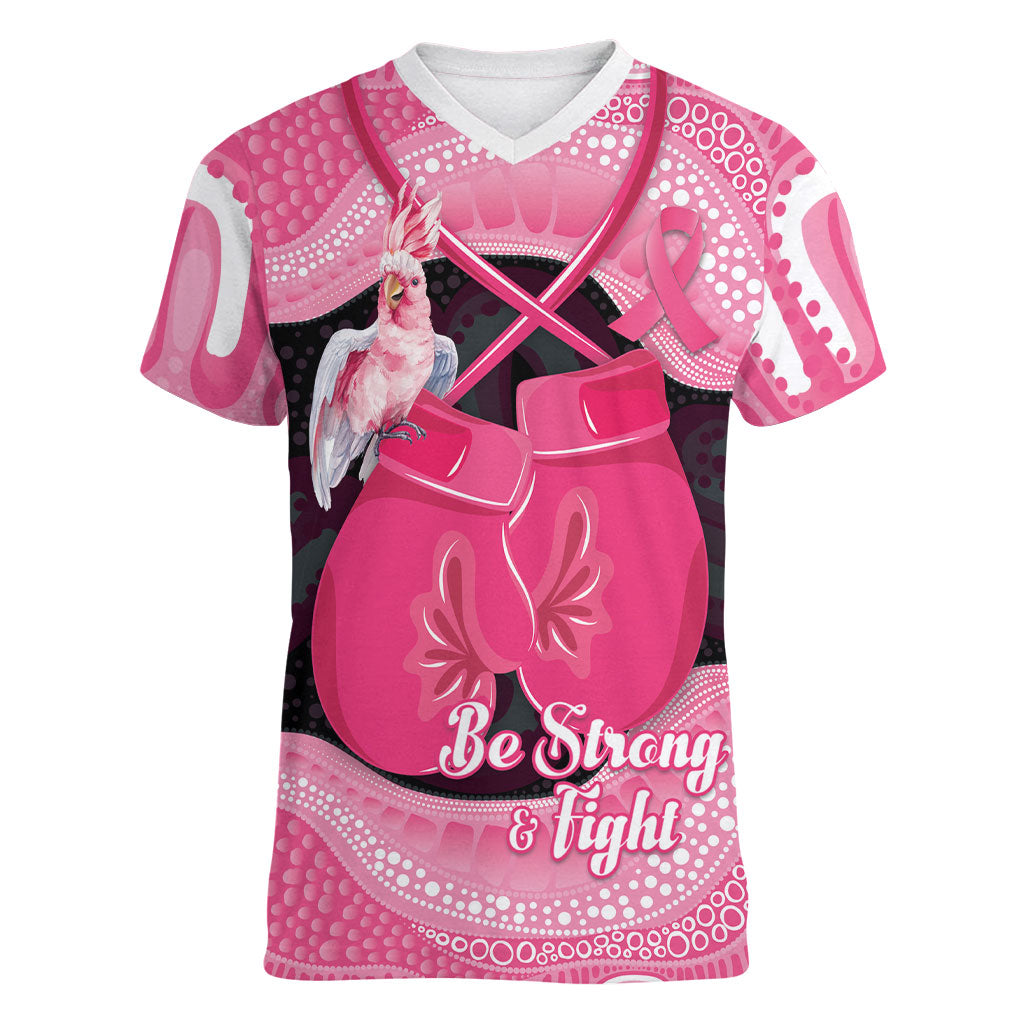 Personalised Australia Breast Cancer Awareness Women V-Neck T-Shirt Pink Cockatoo Fight Boxing Gloves Aboriginal Art