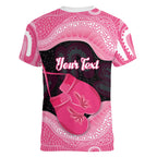 Personalised Australia Breast Cancer Awareness Women V-Neck T-Shirt Pink Cockatoo Fight Boxing Gloves Aboriginal Art