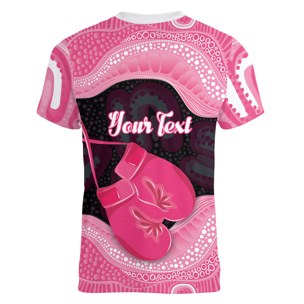 Personalised Australia Breast Cancer Awareness Women V-Neck T-Shirt Pink Cockatoo Fight Boxing Gloves Aboriginal Art