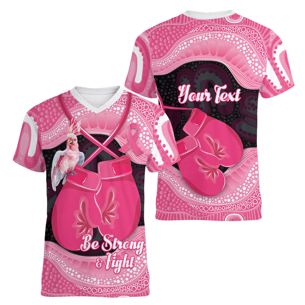 Personalised Australia Breast Cancer Awareness Women V-Neck T-Shirt Pink Cockatoo Fight Boxing Gloves Aboriginal Art