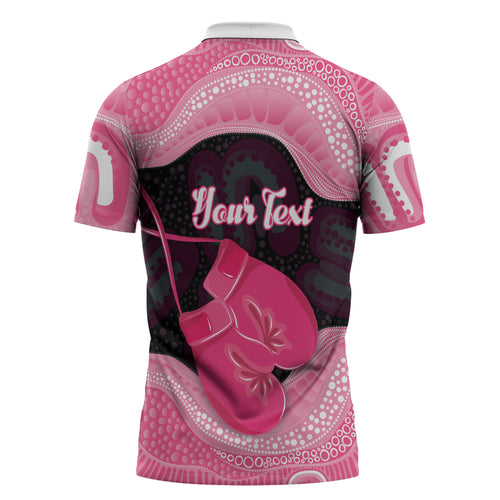 Personalised Australia Breast Cancer Awareness Zipper Polo Shirt Pink Cockatoo Fight Boxing Gloves Aboriginal Art