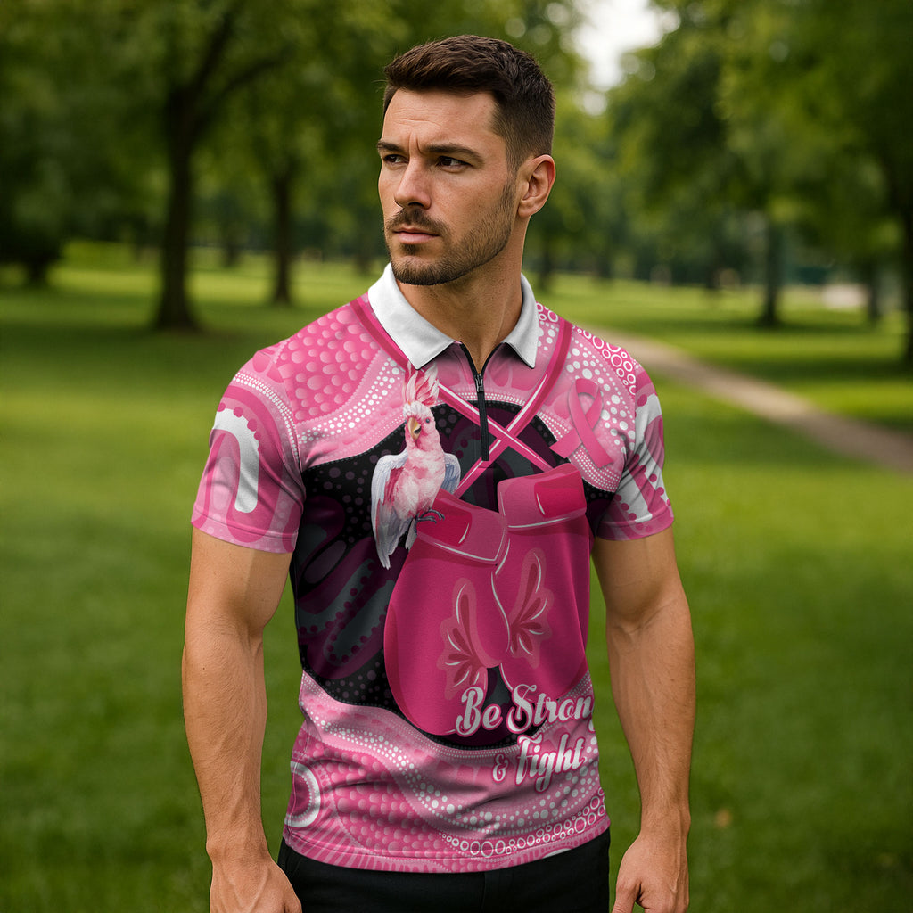 Personalised Australia Breast Cancer Awareness Zipper Polo Shirt Pink Cockatoo Fight Boxing Gloves Aboriginal Art