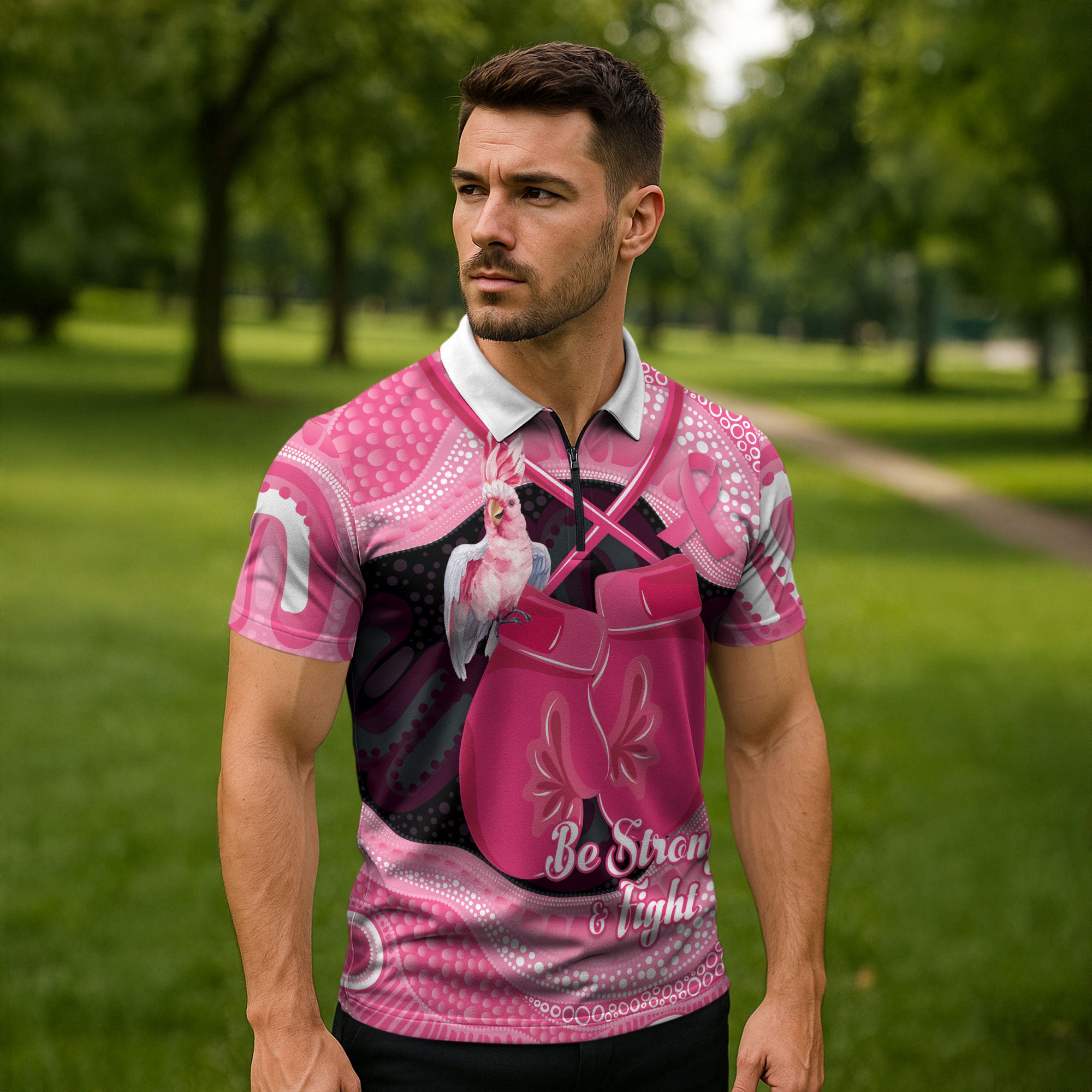 Personalised Australia Breast Cancer Awareness Zipper Polo Shirt Pink Cockatoo Fight Boxing Gloves Aboriginal Art