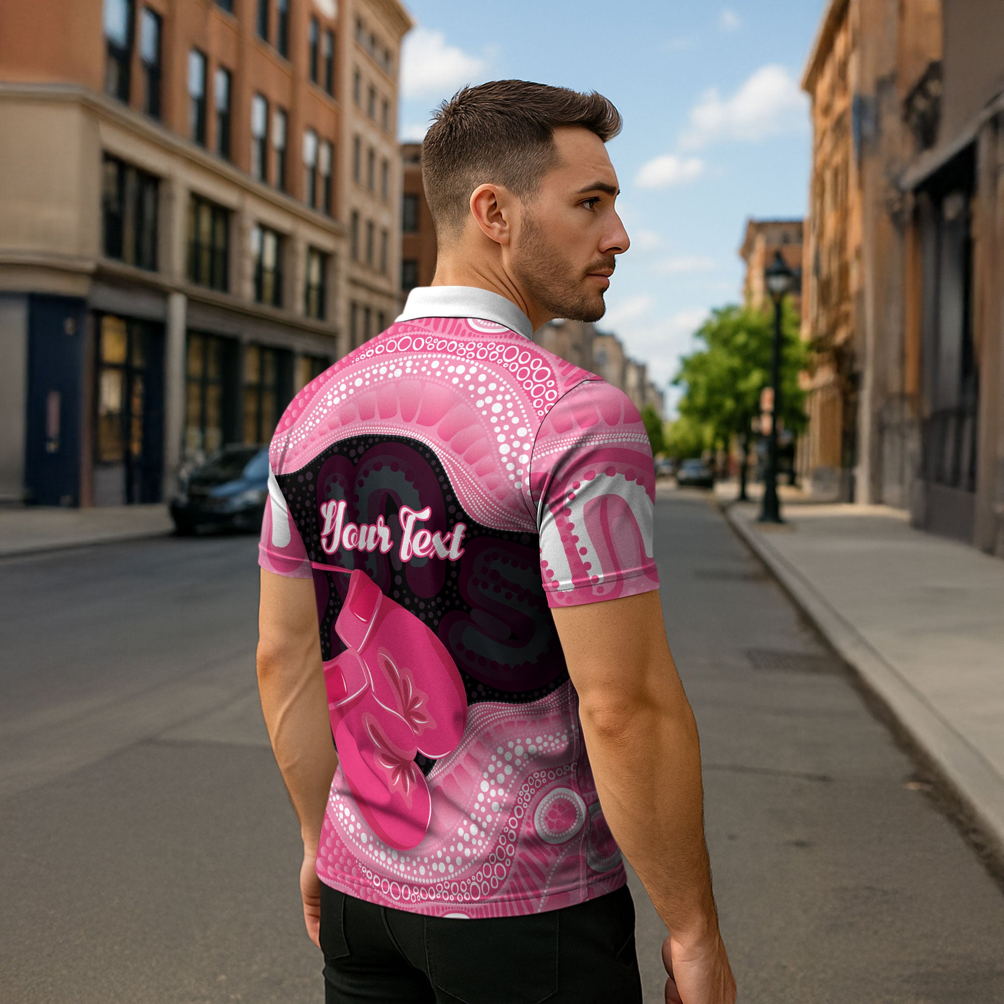 Personalised Australia Breast Cancer Awareness Zipper Polo Shirt Pink Cockatoo Fight Boxing Gloves Aboriginal Art
