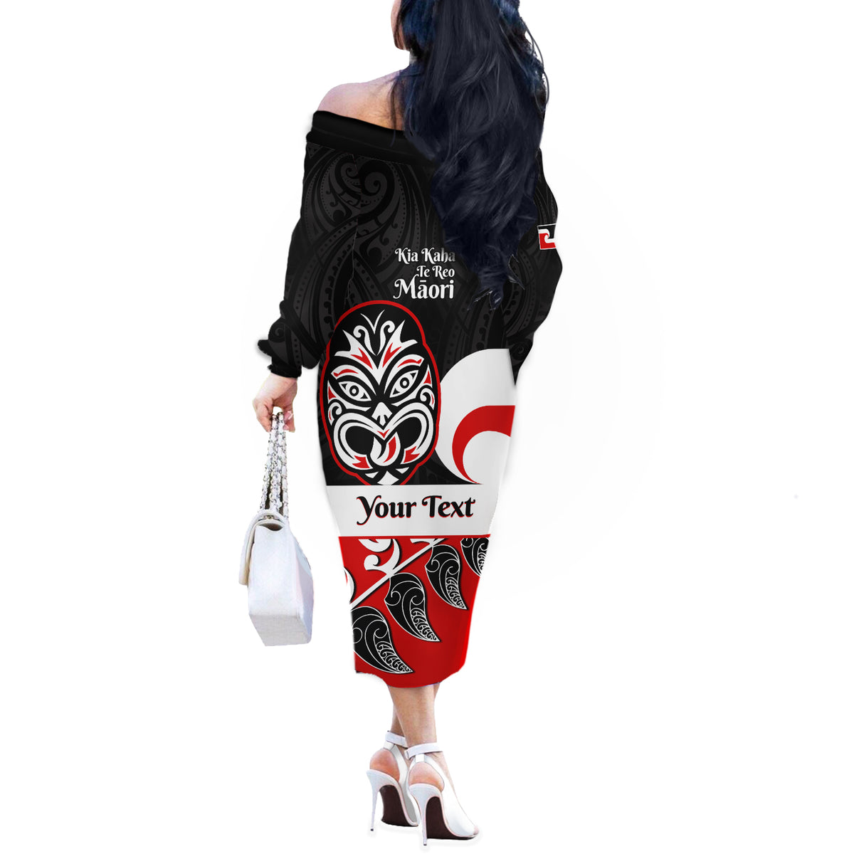 Personalised Te Reo Maori New Zealand Off The Shoulder Long Sleeve Dress Kia Haka Maori Fern With Tino Rangatiratanga LT14