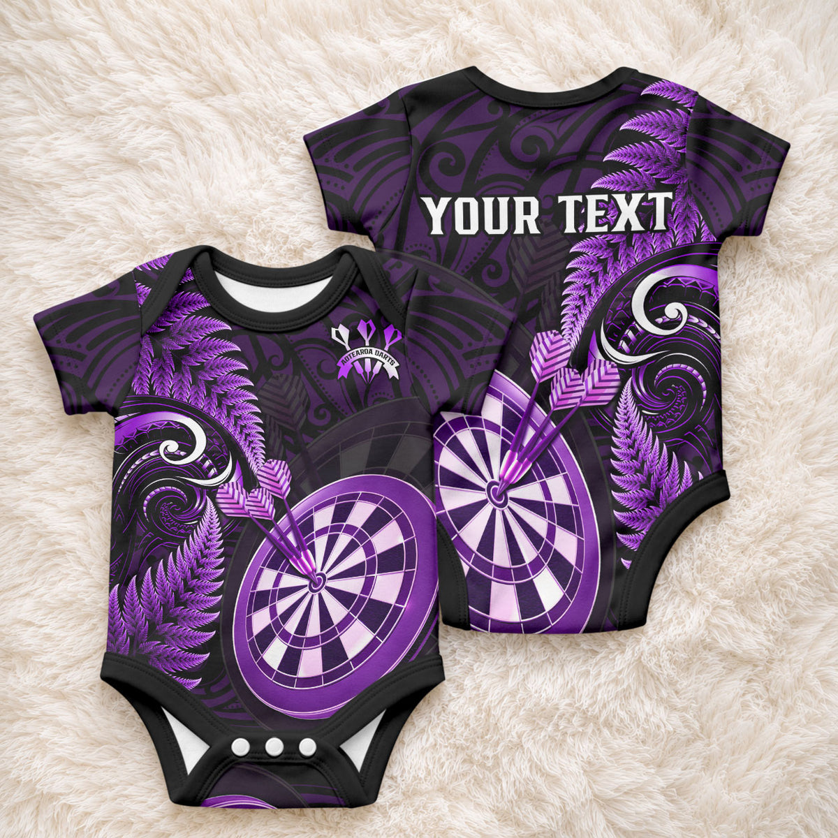 Personalised New Zealand Darts Baby Onesie Happiness Is A Tight Threesome Maori Purple