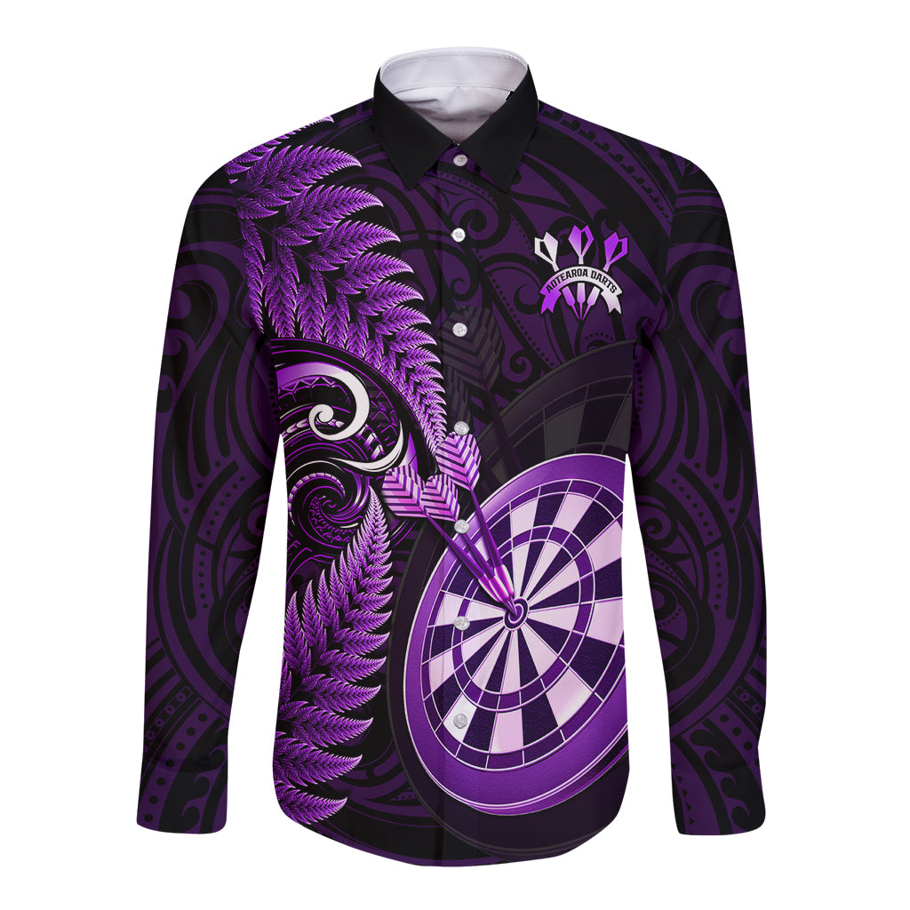 personalised-new-zealand-darts-long-sleeve-button-shirt-happiness-is-a-tight-threesome-maori-purple