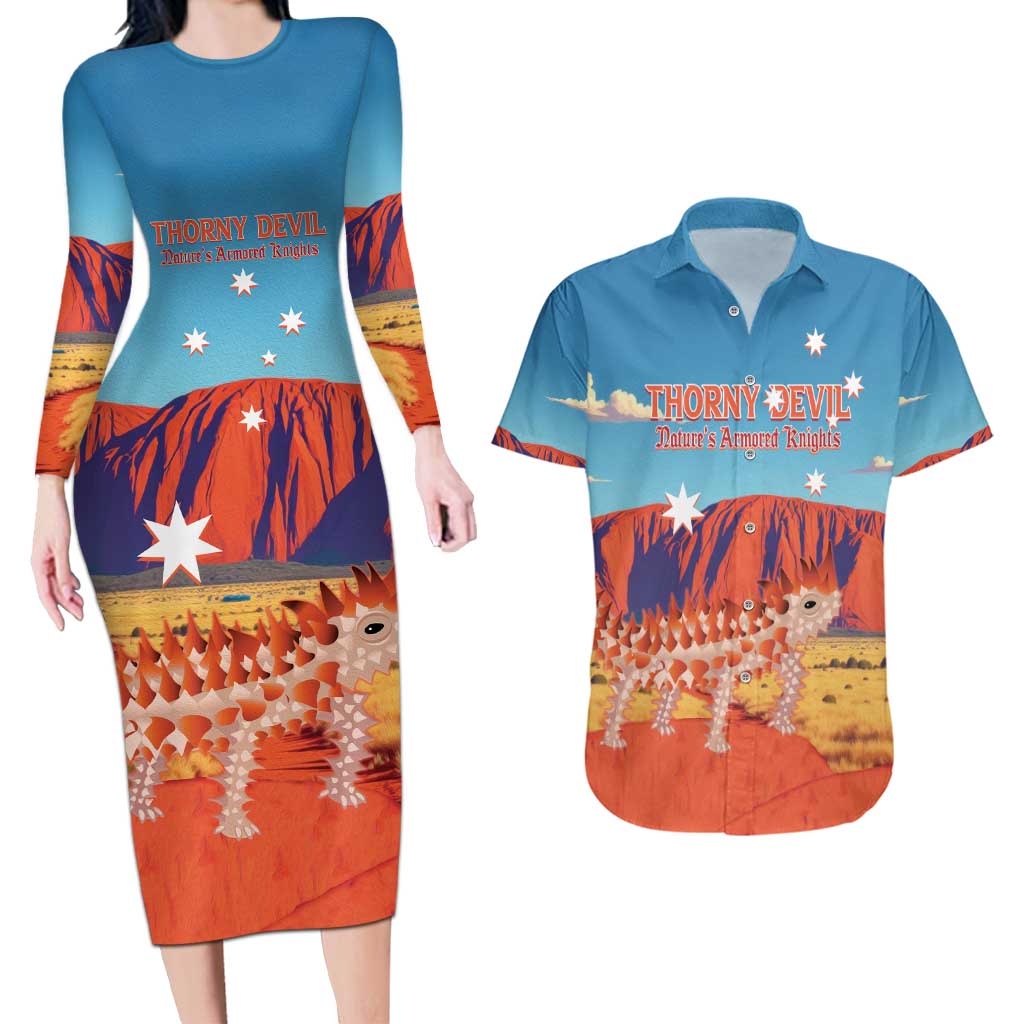 Personalised Australia Thorny Devil Couples Matching Long Sleeve Bodycon Dress and Hawaiian Shirt Nature's Armored Knights - Aussie Uluru