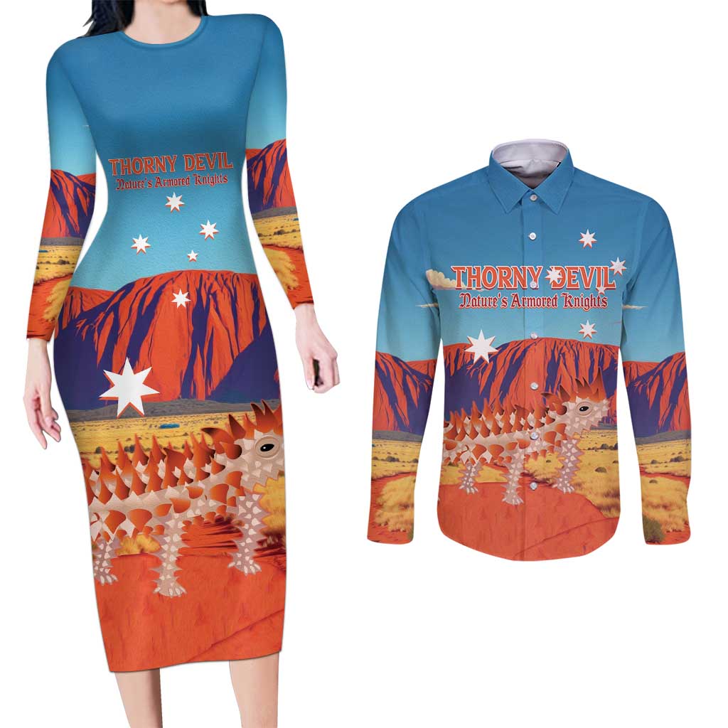 Personalised Australia Thorny Devil Couples Matching Long Sleeve Bodycon Dress and Long Sleeve Button Shirt Nature's Armored Knights - Aussie Uluru