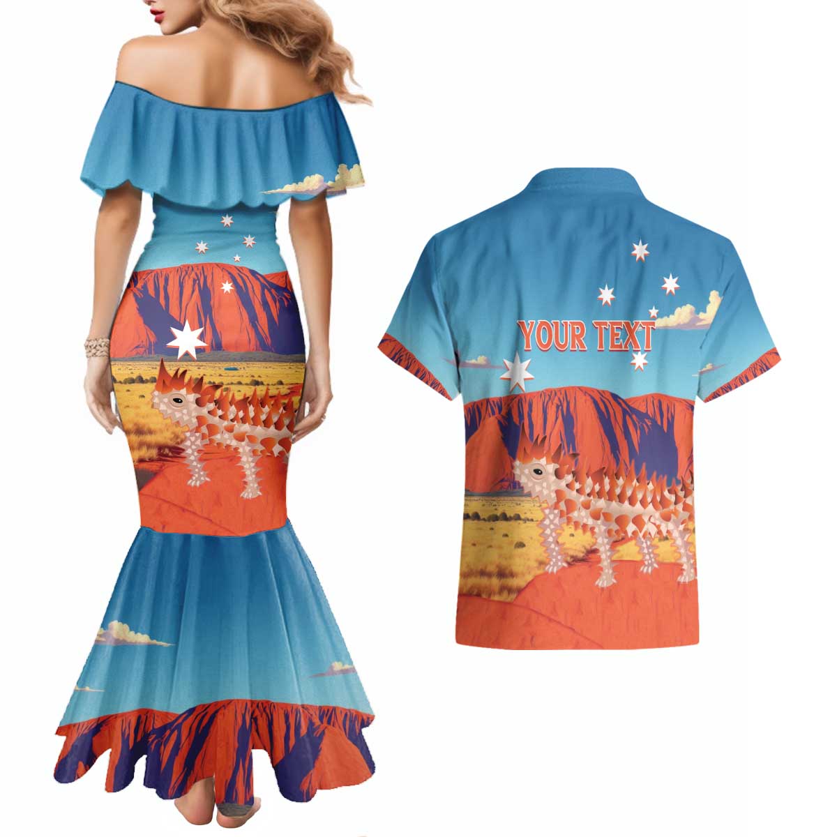 Personalised Australia Thorny Devil Couples Matching Mermaid Dress and Hawaiian Shirt Nature's Armored Knights - Aussie Uluru