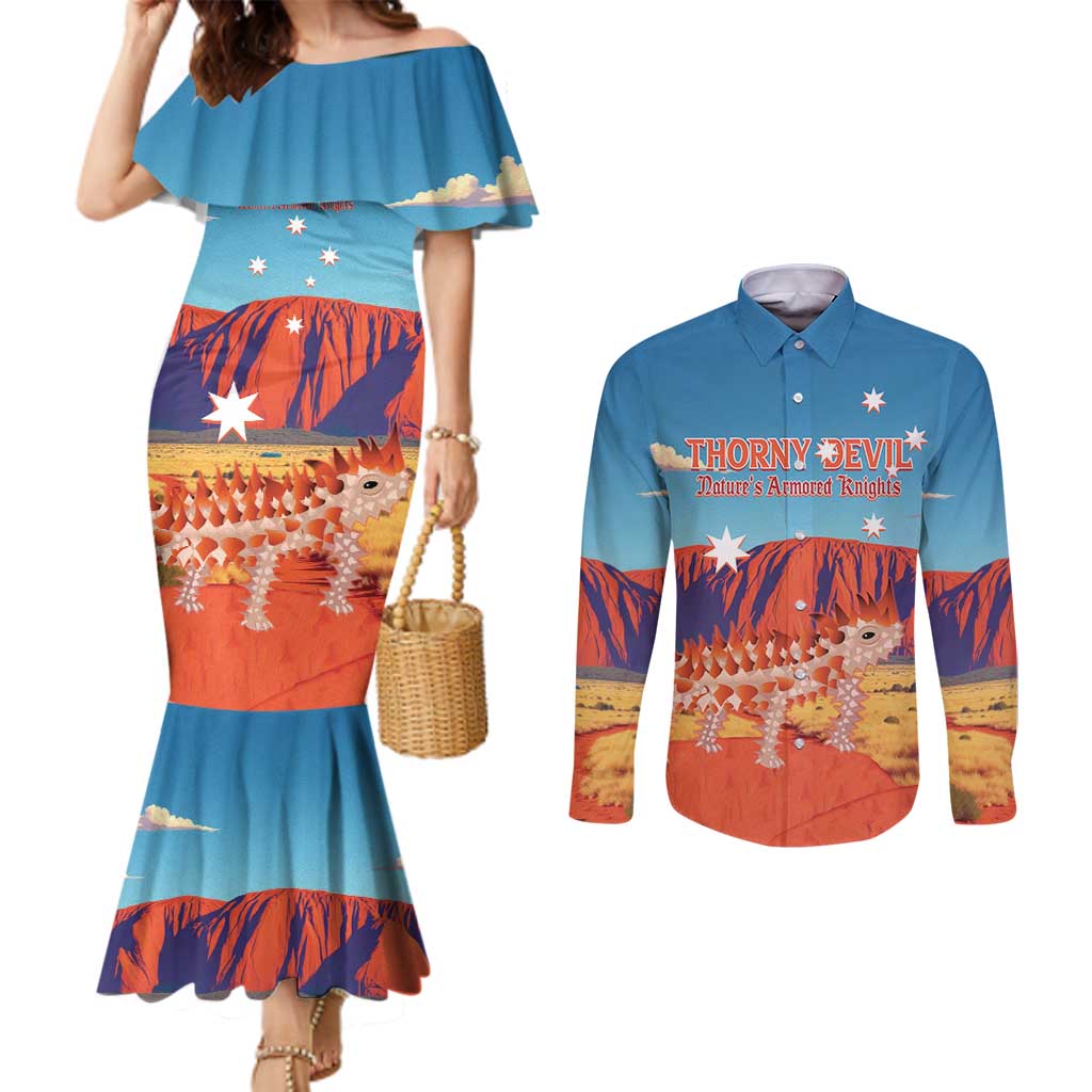 Personalised Australia Thorny Devil Couples Matching Mermaid Dress and Long Sleeve Button Shirt Nature's Armored Knights - Aussie Uluru