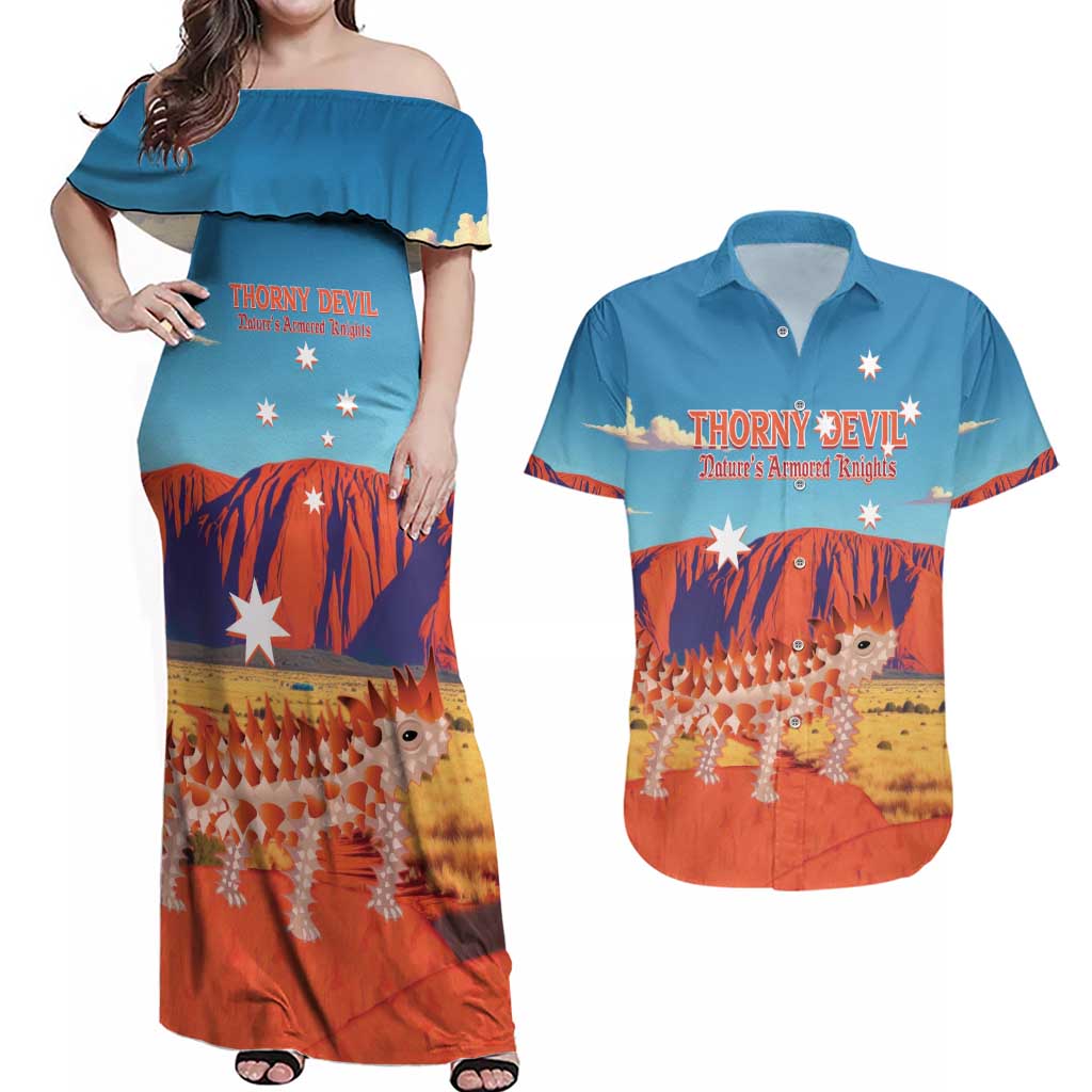 Personalised Australia Thorny Devil Couples Matching Off Shoulder Maxi Dress and Hawaiian Shirt Nature's Armored Knights - Aussie Uluru