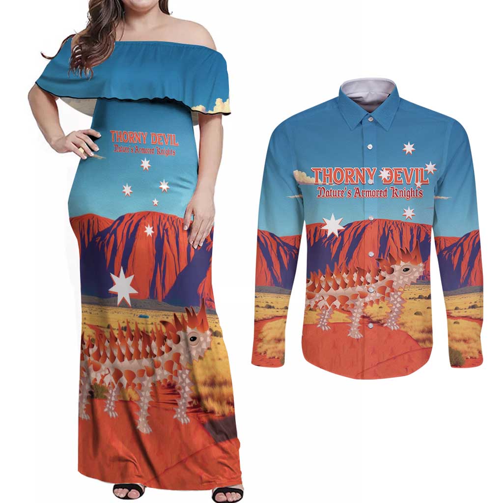 Personalised Australia Thorny Devil Couples Matching Off Shoulder Maxi Dress and Long Sleeve Button Shirt Nature's Armored Knights - Aussie Uluru