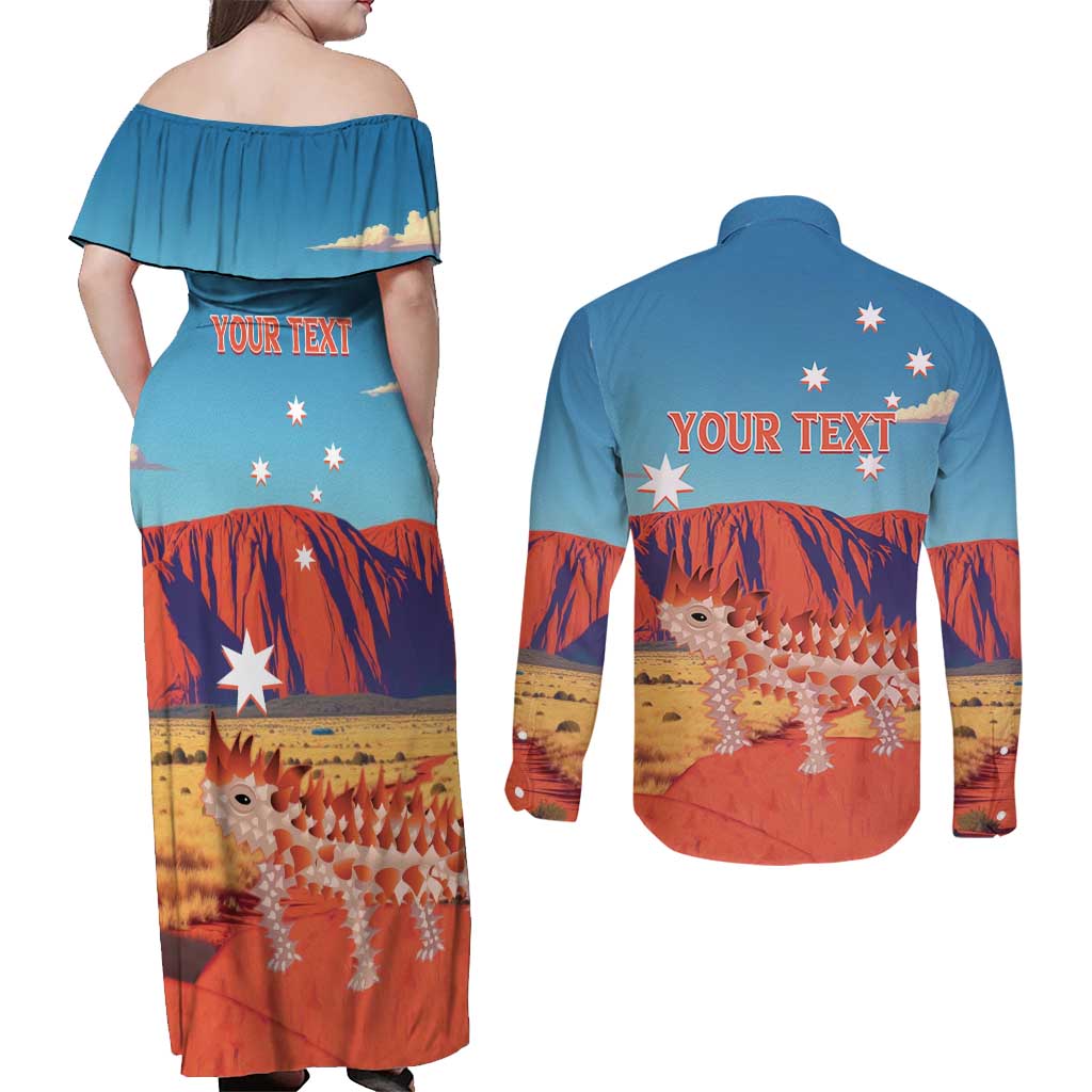 Personalised Australia Thorny Devil Couples Matching Off Shoulder Maxi Dress and Long Sleeve Button Shirt Nature's Armored Knights - Aussie Uluru