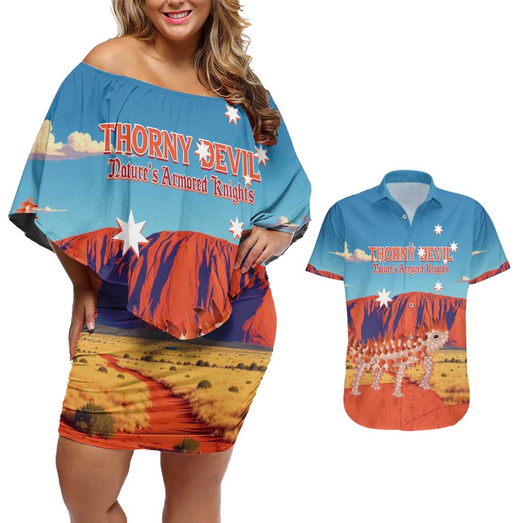 Personalised Australia Thorny Devil Couples Matching Off Shoulder Short Dress and Hawaiian Shirt Nature's Armored Knights - Aussie Uluru