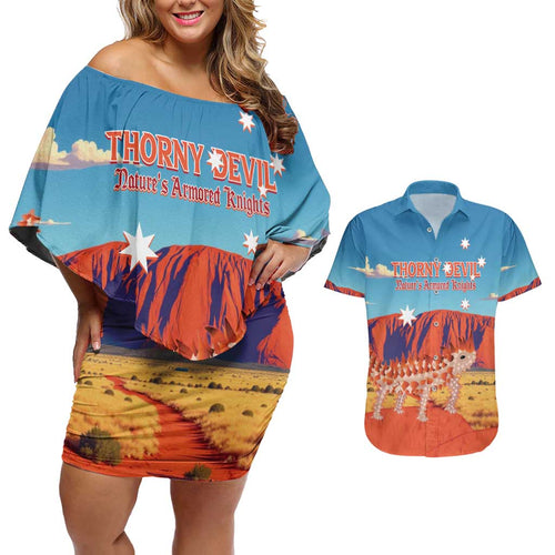 Personalised Australia Thorny Devil Couples Matching Off Shoulder Short Dress and Hawaiian Shirt Nature's Armored Knights - Aussie Uluru
