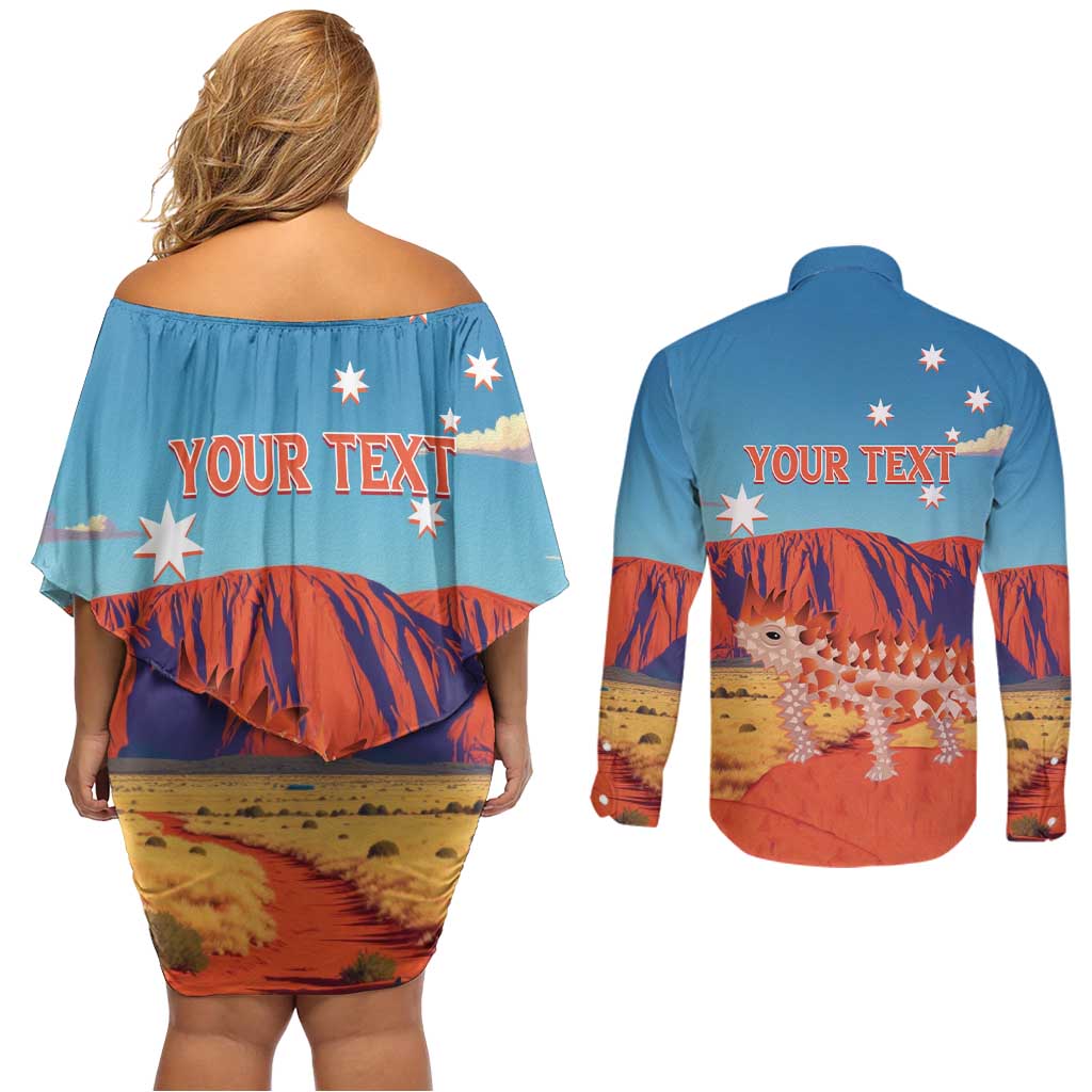 Personalised Australia Thorny Devil Couples Matching Off Shoulder Short Dress and Long Sleeve Button Shirt Nature's Armored Knights - Aussie Uluru
