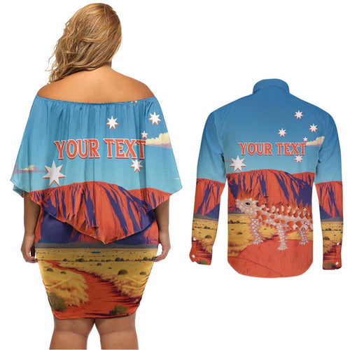 Personalised Australia Thorny Devil Couples Matching Off Shoulder Short Dress and Long Sleeve Button Shirt Nature's Armored Knights - Aussie Uluru