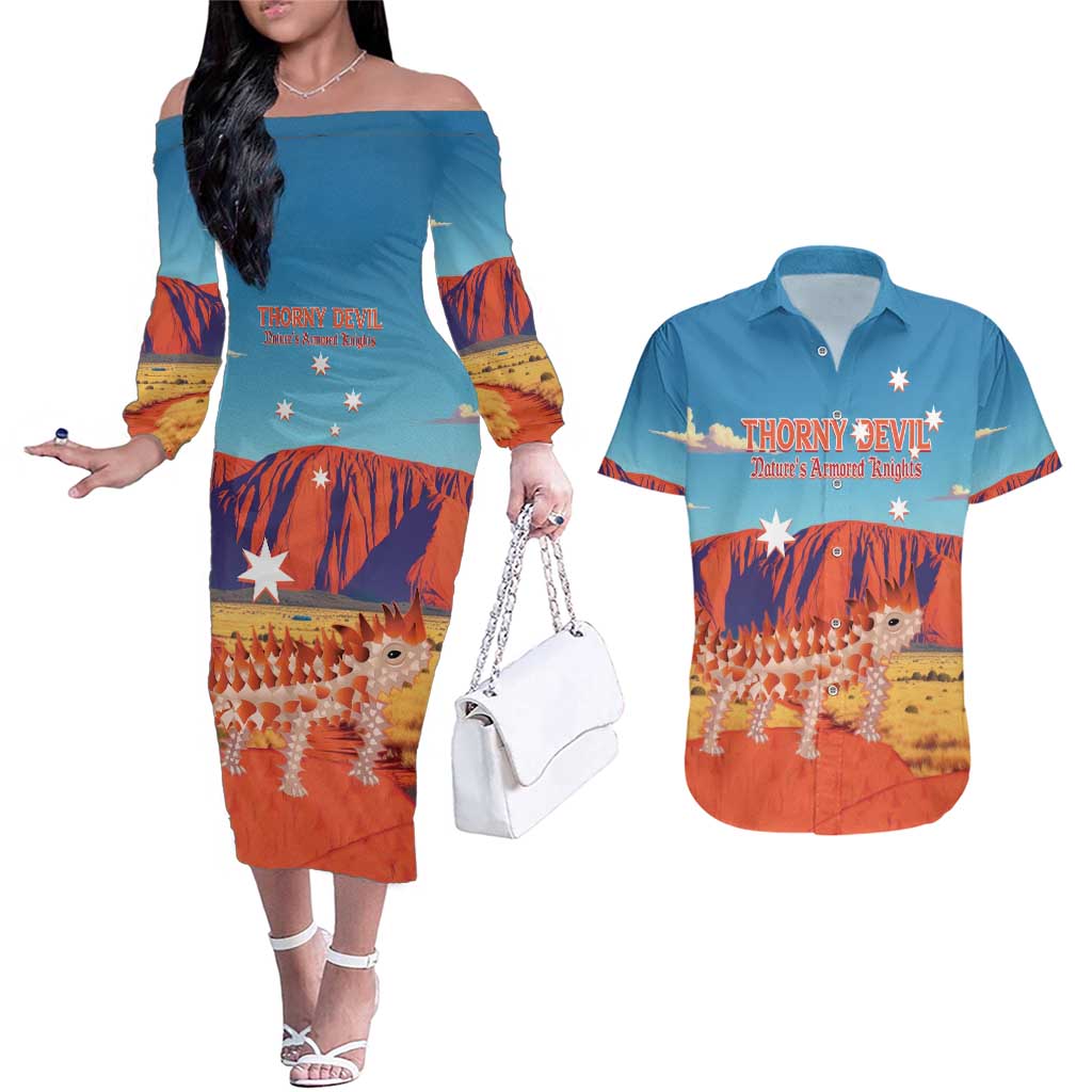 Personalised Australia Thorny Devil Couples Matching Off The Shoulder Long Sleeve Dress and Hawaiian Shirt Nature's Armored Knights - Aussie Uluru